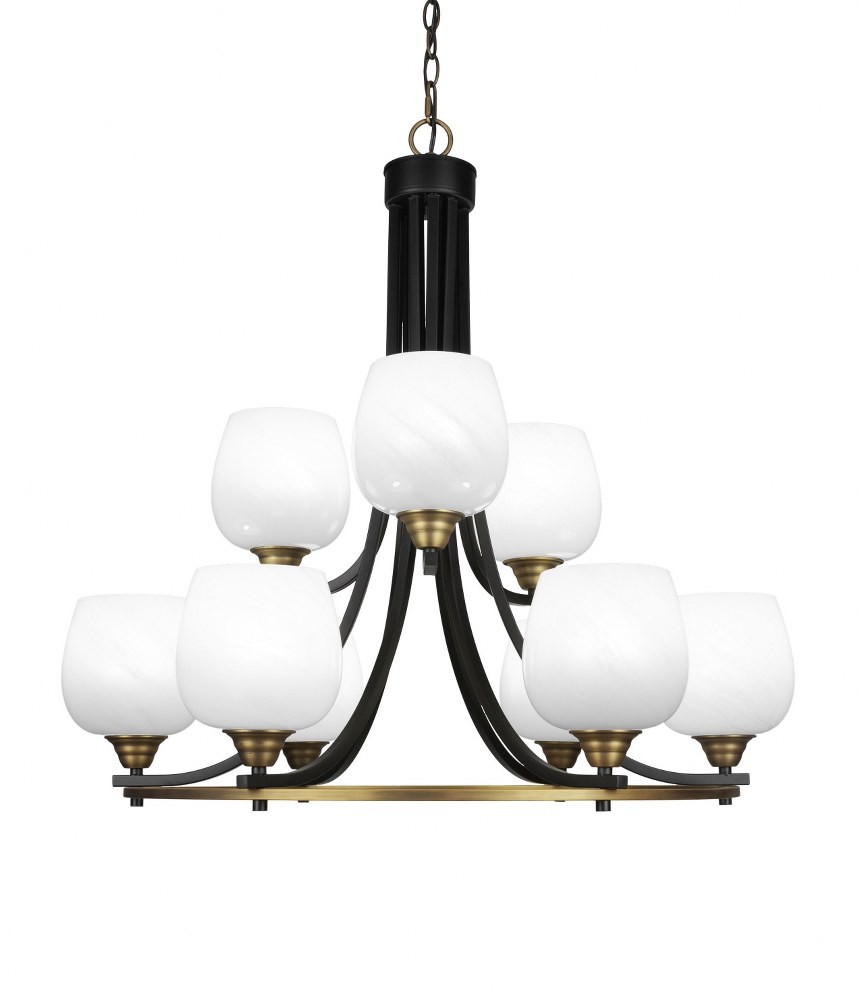 Toltec Lighting-3409-MBBR-4811-Paramount-9 Light Chandelier-28.5 Inches Wide by 29.75 Inches High Matte Black/Brass White Marble Paramount-9 Light Chandelier-28.5 Inches Wide by 29.75 Inches High