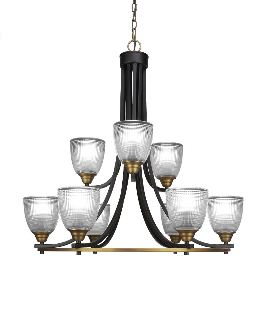 Toltec Lighting-3409-MBBR-500-Paramount-9 Light Chandelier-28.5 Inches Wide by 29.75 Inches High   Matte Black/Brass Finish with Clear Ribbed Glass
