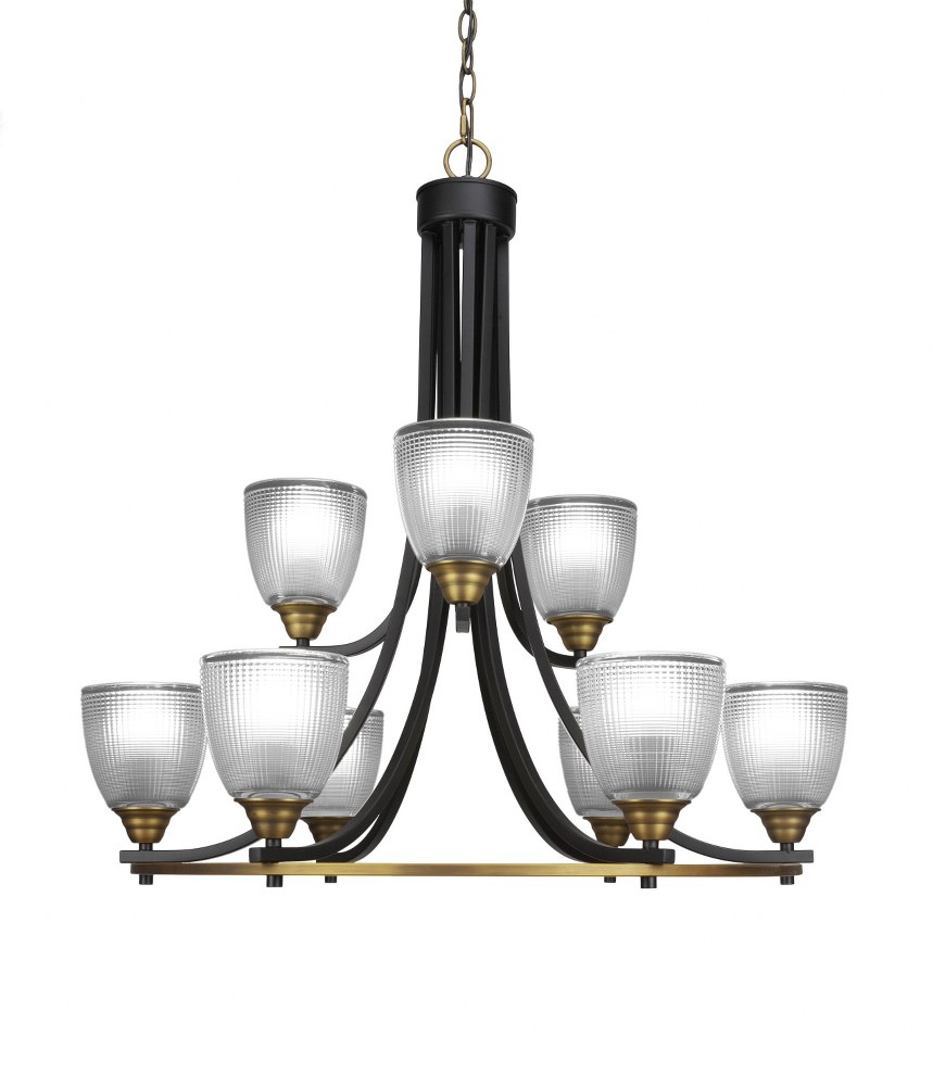 Toltec Lighting-3409-MBBR-500-Paramount-9 Light Chandelier-28.5 Inches Wide by 29.75 Inches High Matte Black/Brass Clear Ribbed Paramount-9 Light Chandelier-28.5 Inches Wide by 29.75 Inches High