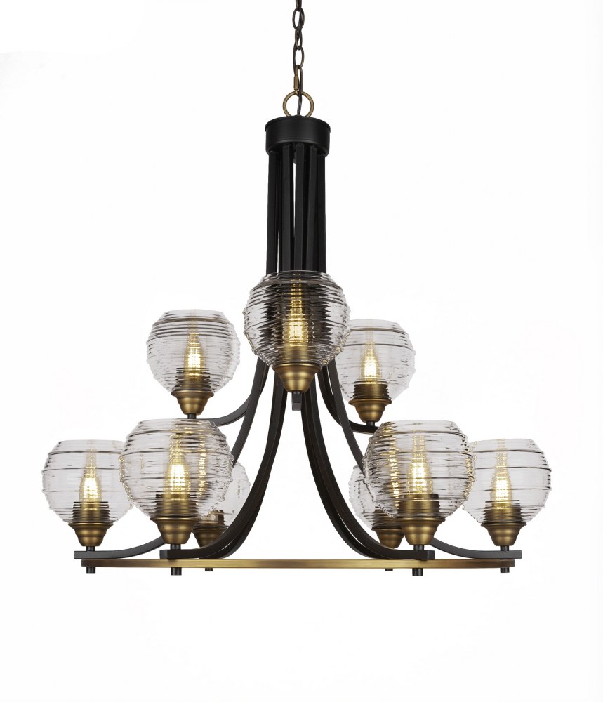 Toltec Lighting-3409-MBBR-5110-Paramount-9 Light Chandelier-28.5 Inches Wide by 29.75 Inches High   Matte Black/Brass Finish with Clear Ribbed Glass