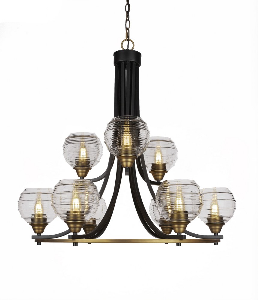 Toltec Lighting-3409-MBBR-5110-Paramount-9 Light Chandelier-28.5 Inches Wide by 29.75 Inches High Matte Black/Brass Clear Ribbed Paramount-9 Light Chandelier-28.5 Inches Wide by 29.75 Inches High