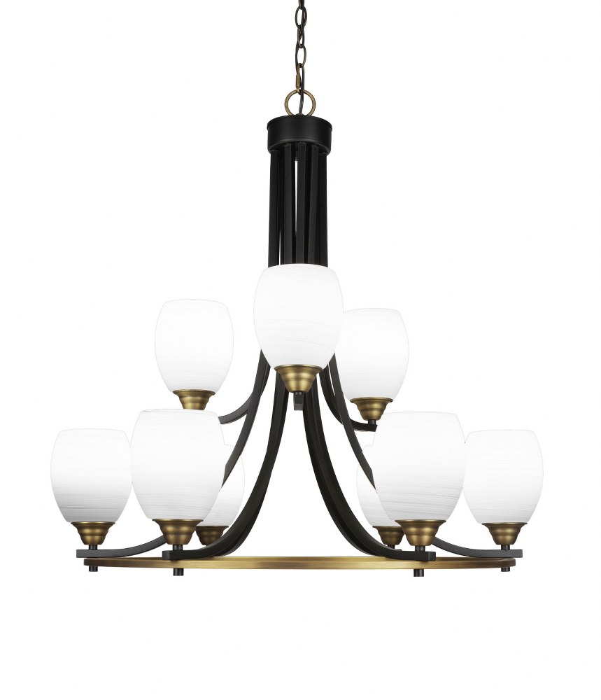 Toltec Lighting-3409-MBBR-615-Paramount-9 Light Chandelier-28.5 Inches Wide by 29.75 Inches High   Matte Black/Brass Finish with White Linen Glass