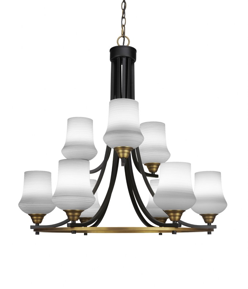 Toltec Lighting-3409-MBBR-681-Paramount-9 Light Chandelier-28.5 Inches Wide by 29.75 Inches High   Matte Black/Brass Finish with Zilo White Linen Glass