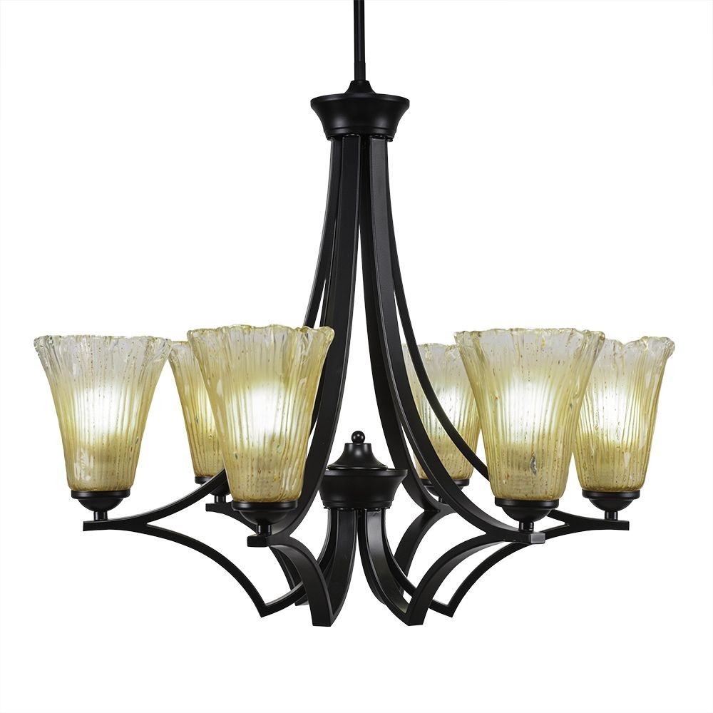 Toltec Lighting-566-MB-720-Zilo - 6 Light Chandelier-22.5 Inches Tall and 26.5 Inches Wide Matte Black Fluted Amber Crystal Zilo - 6 Light Chandelier-22.5 Inches Tall and 26.5 Inches Wide