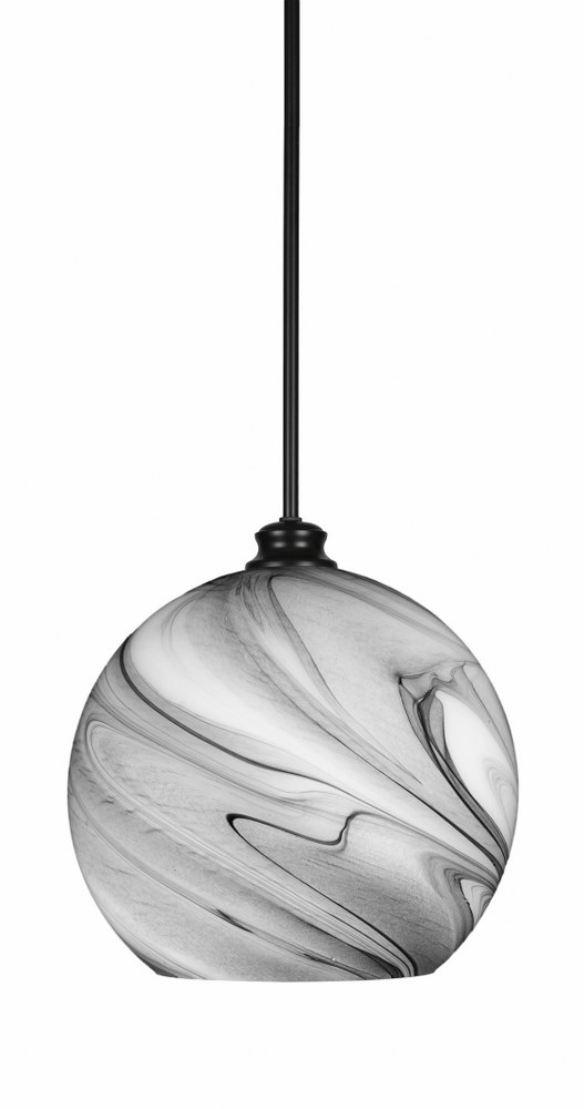 Toltec Lighting-70-MB-4399-Kimbro-1 Light Stem Hung Pendant-9.5 Inches Wide by 10 Inches High   Matte Black Finish with Onyx Swirl Glass