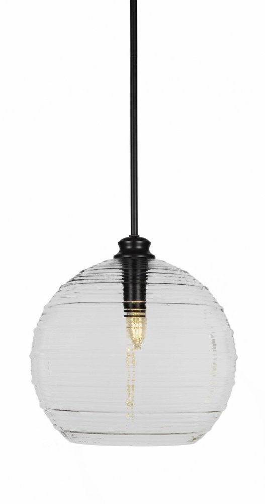 Toltec Lighting-70-MB-5140-Malena-1 Light Stem Hung Pendant-14 Inches Wide by 13.75 Inches High   Matte Black Finish with Clear Ribbed Glass