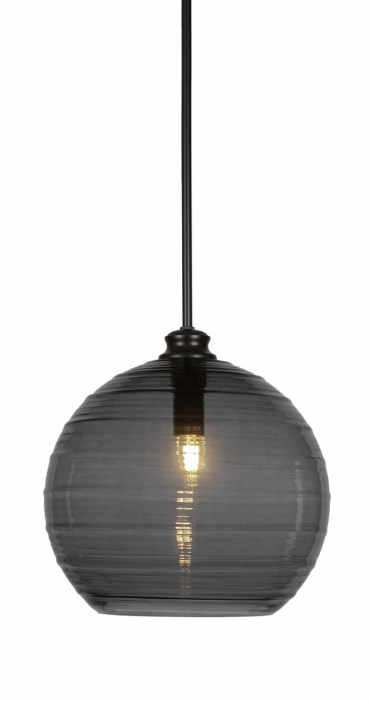 Toltec Lighting-70-MB-5142-Malena-1 Light Stem Hung Pendant-14 Inches Wide by 13.75 Inches High   Matte Black Finish with Smoke Ribbed Glass