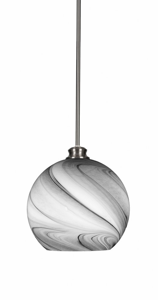 Toltec Lighting-71-BN-4369-Kimbro-1 Light Stem Hung Pendant-9.5 Inches Wide by 10 Inches High   Brushed Nickel Finish with Onyx Swirl Glass