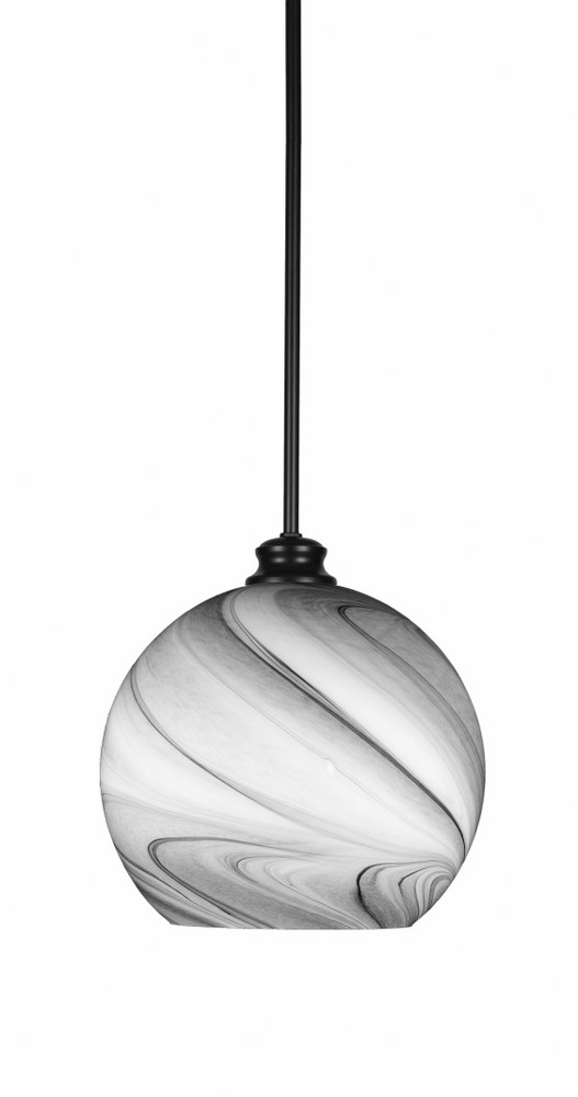Toltec Lighting-71-MB-4369-Kimbro-1 Light Stem Hung Pendant-9.5 Inches Wide by 10 Inches High   Matte Black Finish with Onyx Swirl Glass