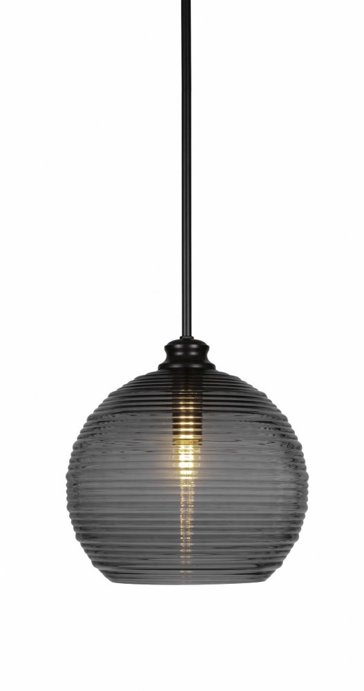 Toltec Lighting-71-MB-5132-Malena-1 Light Stem Hung Pendant-14 Inches Wide by 13.75 Inches High   Matte Black Finish with Smoke Ribbed Glass