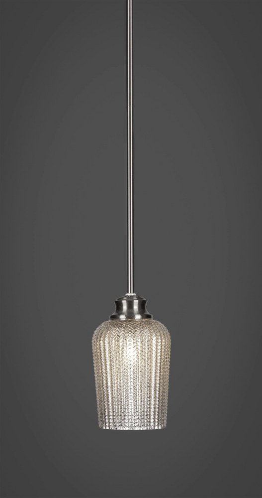 Toltec Lighting-72-BN-4253-Cordova-1 Light Stem Hung Pendant-5 Inches Wide by 8.5 Inches High   Brushed Nickel Finish with Silver Textured Glass