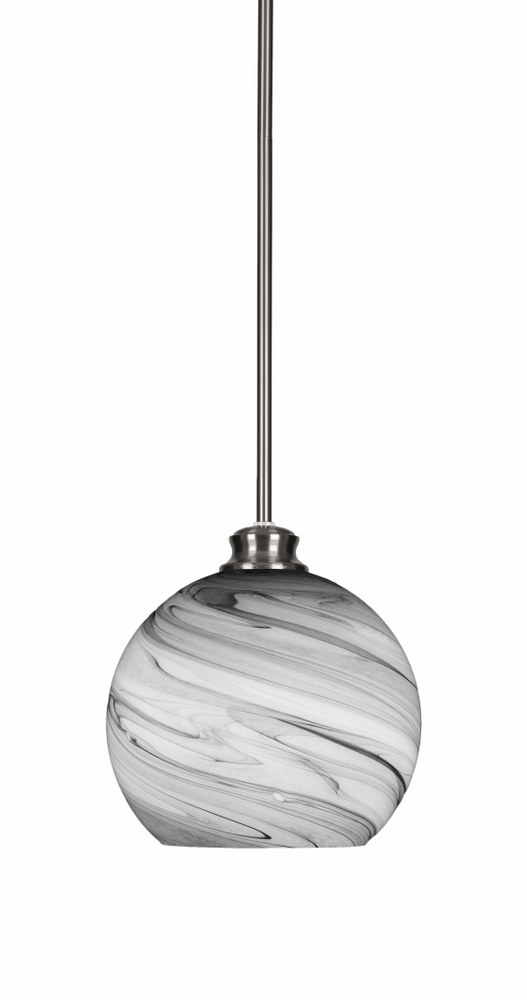 Toltec Lighting-72-BN-4359-Kimbro-1 Light Stem Hung Pendant-9.5 Inches Wide by 10 Inches High   Brushed Nickel Finish with Onyx Swirl Glass