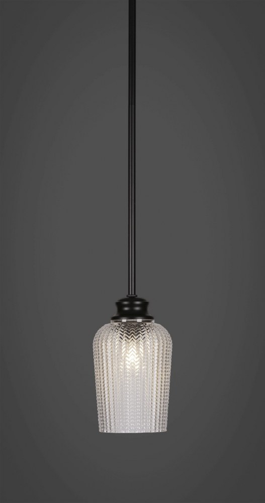 Toltec Lighting-72-MB-4250-Cordova-1 Light Stem Hung Pendant-5 Inches Wide by 8.5 Inches High   Matte Black Finish with Clear Textured Glass