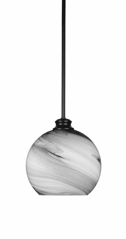 Toltec Lighting-72-MB-4359-Kimbro-1 Light Stem Hung Pendant-9.5 Inches Wide by 10 Inches High   Matte Black Finish with Onyx Swirl Glass