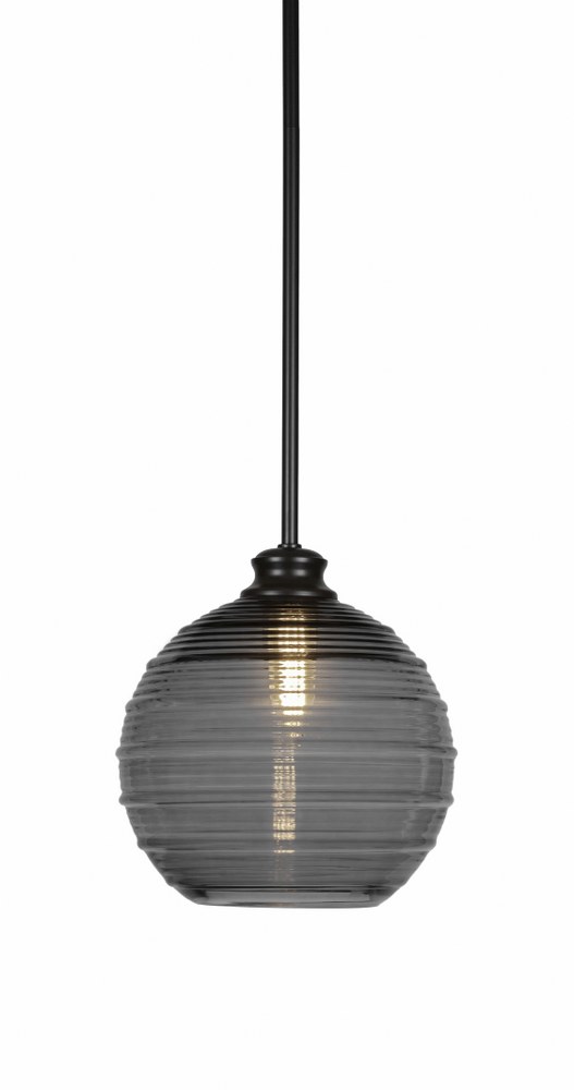 Toltec Lighting-72-MB-5122-Malena-1 Light Stem Hung Pendant-14 Inches Wide by 13.75 Inches High   Matte Black Finish with Smoke Ribbed Glass