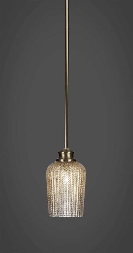 Toltec Lighting-72-NAB-4253-Cordova-1 Light Stem Hung Pendant-5 Inches Wide by 8.5 Inches High   New Age Brass Finish with Silver Textured Glass