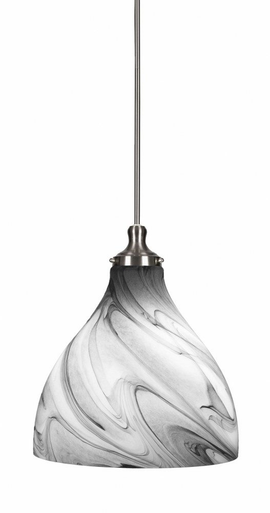 Toltec Lighting-77-BN-4749-Juno-1 Light Stem Hung Pendant-11.75 Inches Wide by 14 Inches High   Brushed Nickel Finish with Onyx Swirl Glass