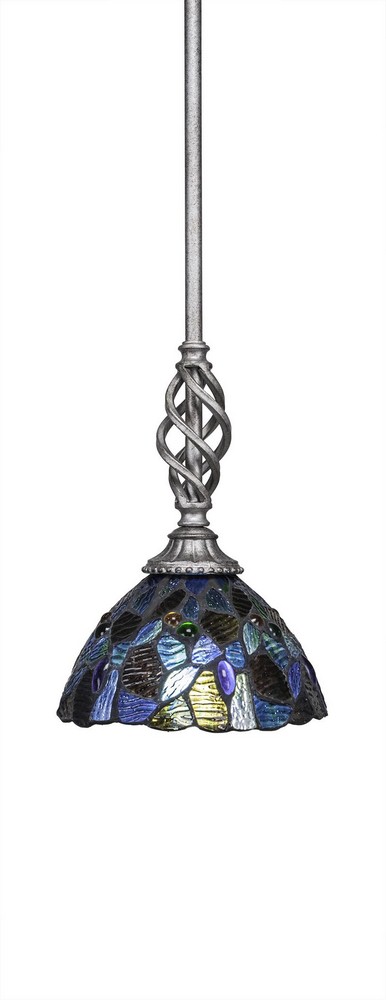 Toltec Lighting-80-AS-9955-Elegante - 9.75 Inch One Light Mini Pendant   Aged Silver Finish with Blue Mosaic Mini Tiffany Glass