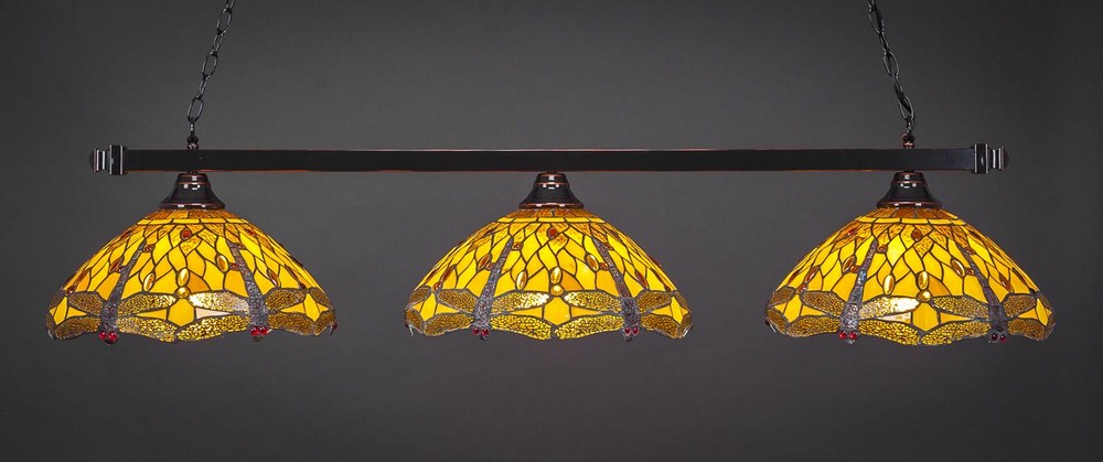 Toltec Lighting-803-BC-946-Square - 3 Light Billiard/Island-12.5 Inches Tall and 16 Inches Wide Black Copper Amber Dragonfly Art Black Copper Finish with Amber Dragonfly Tiffany Glass