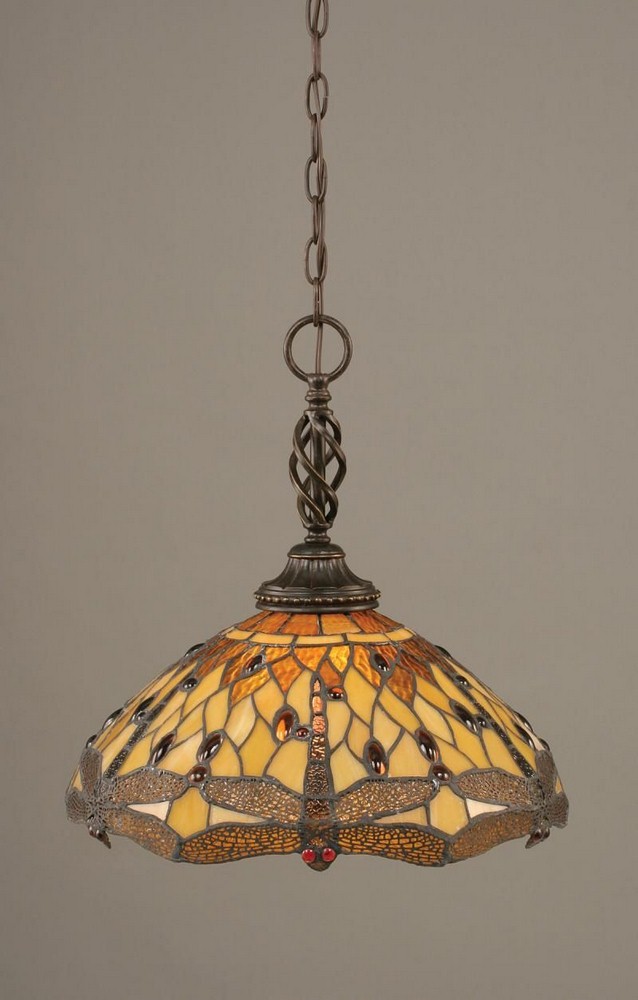 Toltec Lighting-82-DG-946-Elegante - 1 Light Pendant-16.25 Inches Tall and 16 Inches Wide   Dark Granite Finish with Amber Dragonfly Tiffany Glass