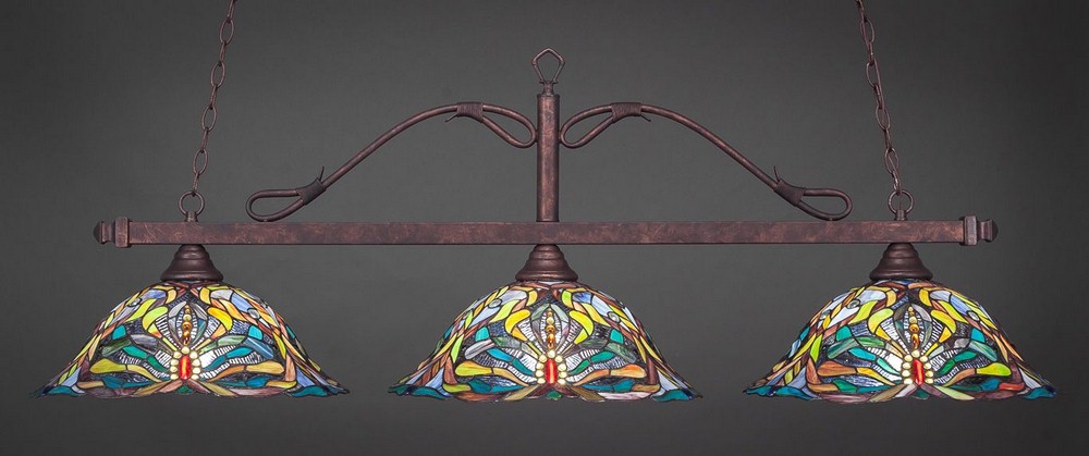 Toltec Lighting-823-BRZ-990-Scroll - 3 Light Billiard/Island-19.5 Inches Tall and 19 Inches Wide   Bronze Finish with Kaleidoscope Tiffany Glass