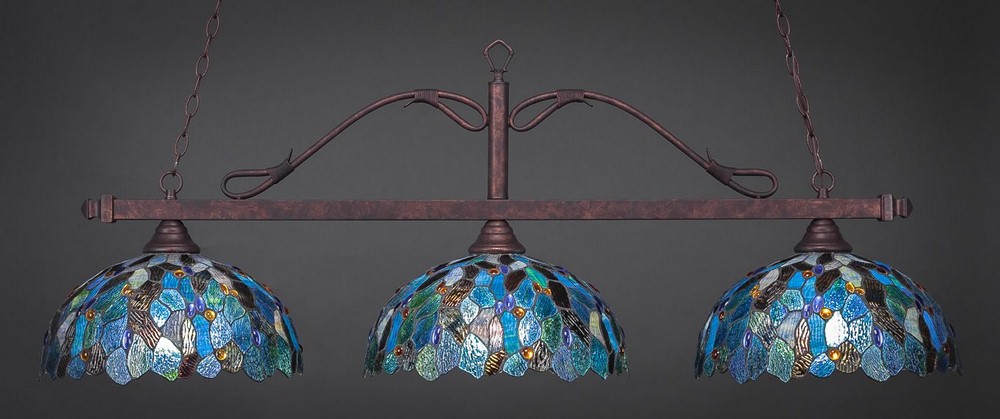 Toltec Lighting-823-BRZ-995-Scroll - 3 Light Billiard/Island-20.5 Inches Tall and 16 Inches Wide   Bronze Finish with Blue Mosaic Tiffany Glass