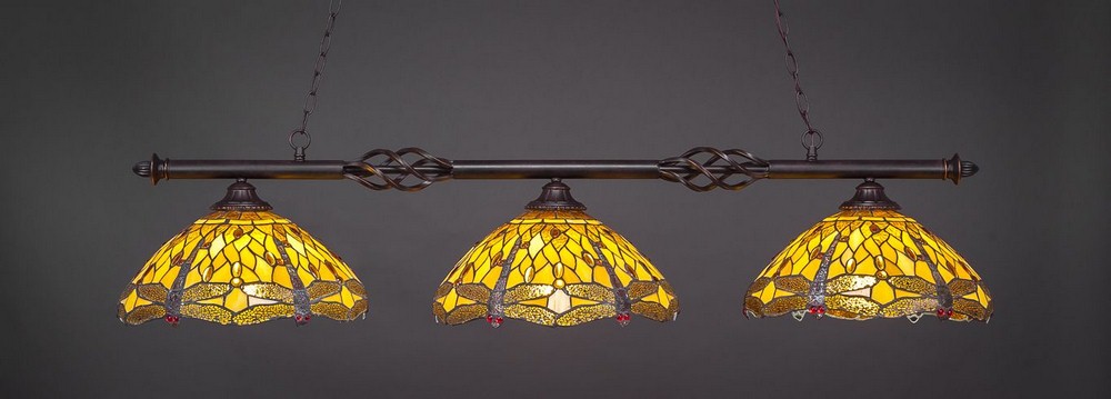 Toltec Lighting-863-DG-946-Elegante - 3 Light Billiard/Island-12.5 Inches Tall and 16 Inches Wide   Dark Granite Finish with Amber Dragonfly Tiffany Glass