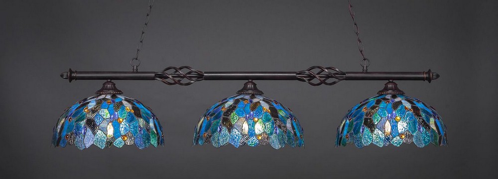 Toltec Lighting-863-DG-995-Elegante - 3 Light Billiard/Island-13 Inches Tall and 16 Inches Wide   Dark Granite Finish with Blue Mosaic Tiffany Glass