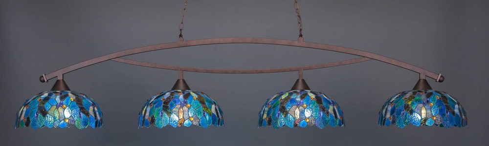 Toltec Lighting-874-BRZ-995-Bow - 4 Light Billiard/Island-19 Inches Tall and 16 Inches Wide Bronze Blue Mosaic Art Dark Granite Finish with Blue Mosaic Tiffany Glass