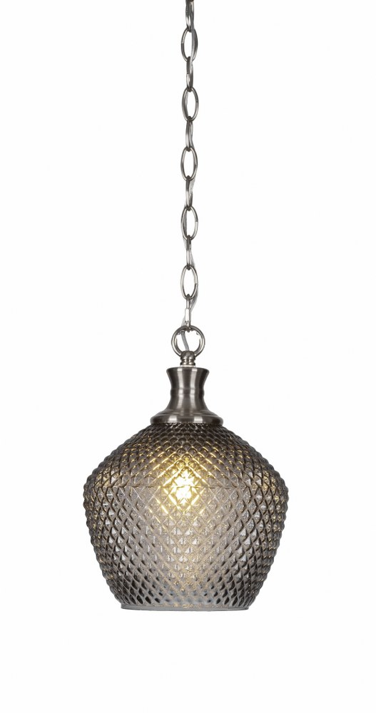 Toltec Lighting-96-BN-4922-Zola-1 Light Chain Hung Pendant-9.25 Inches Wide by 12.5 Inches High   Brushed Nickel Finish with Smoke Textured Glass