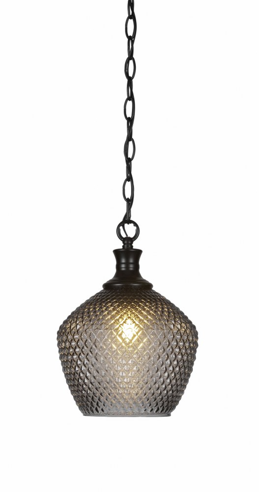 Toltec Lighting-96-MB-4922-Zola-1 Light Chain Hung Pendant-9.25 Inches Wide by 12.5 Inches High   Matte Black Finish with Smoke Textured Glass