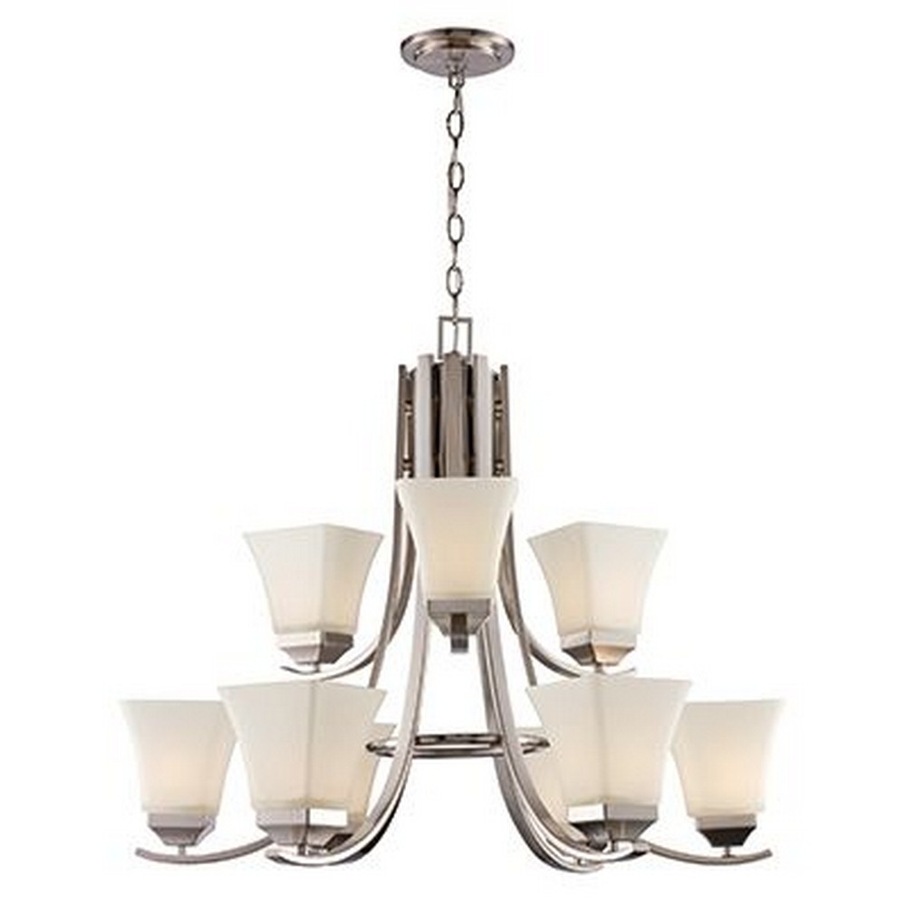 Trans Globe Lighting-70649 BN-Cameo - Nine Light 2-Tier Chandelier   Brushed Nickel Finish with White Frost Glass