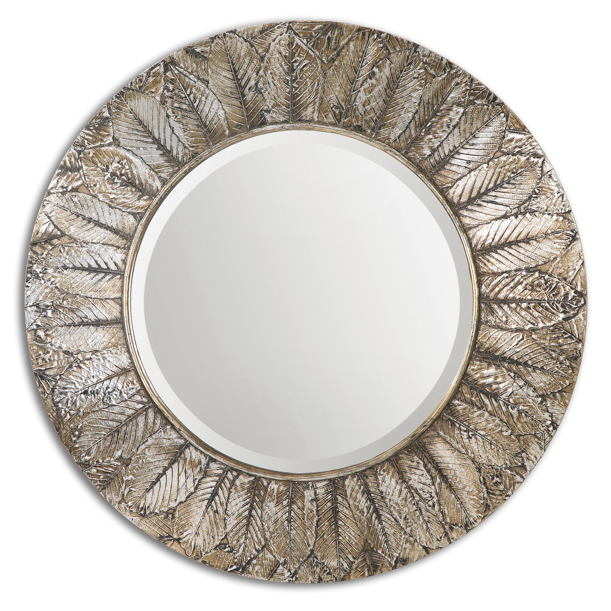 Uttermost-07065-Foliage - 36 inch Round Mirror - 36 inches wide by 2.25 inches deep   Distressed Silver Leaf/Light Antique Finish