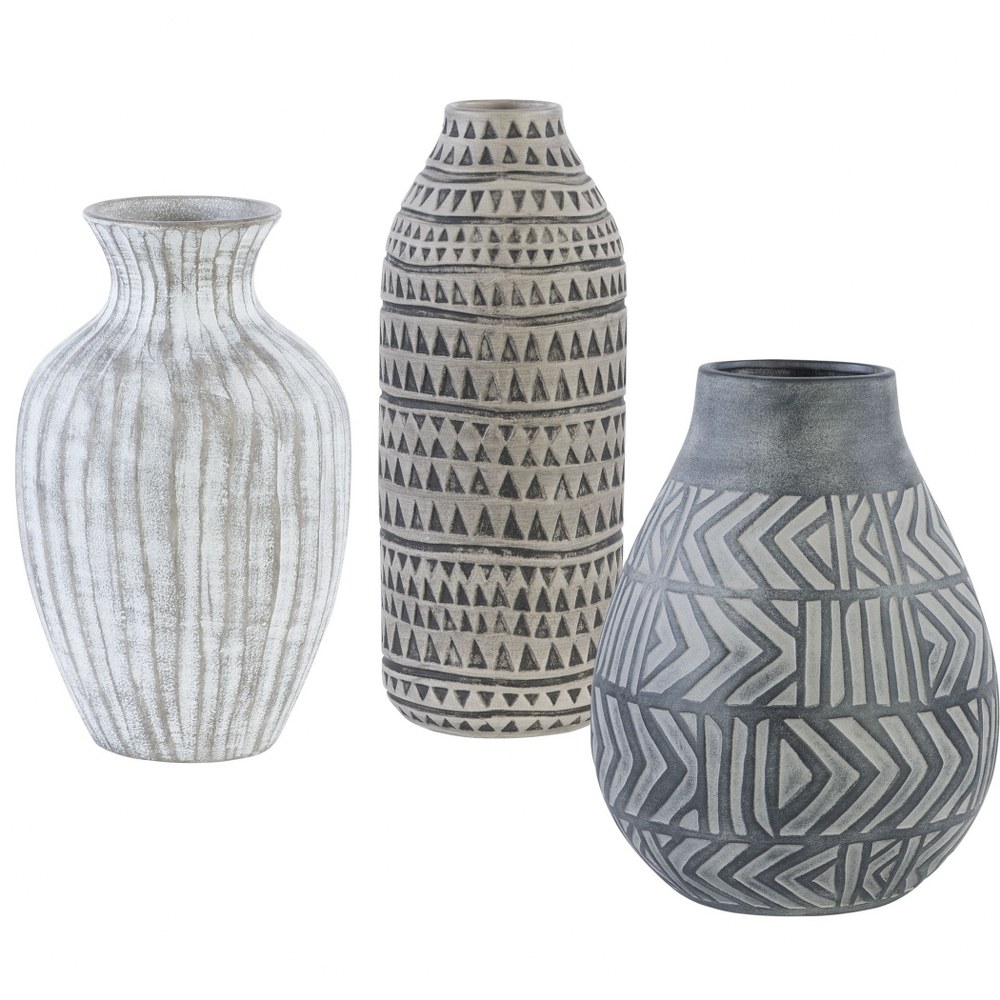 Uttermost-17716-Natchez - 18 inch Geometric Vase (Set of 3) - 6.75 inches wide by 6.75 inches deep   Light Gray/Charcoal/Natural Beige Finish