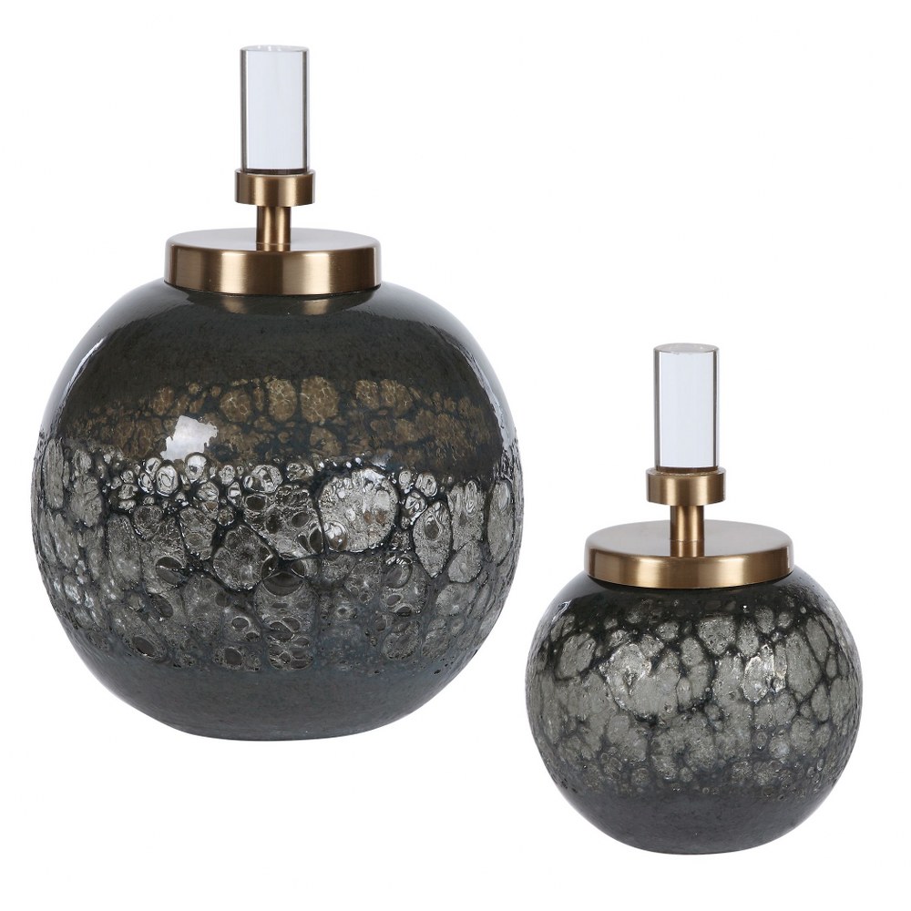 Uttermost-17729-Cessair - 10 inch Bottle (Set of 2) - 7 inches wide by 7 inches deep   Iridescent Blue-Gray Hue/Brushed Brass Plated/Crystal Finish