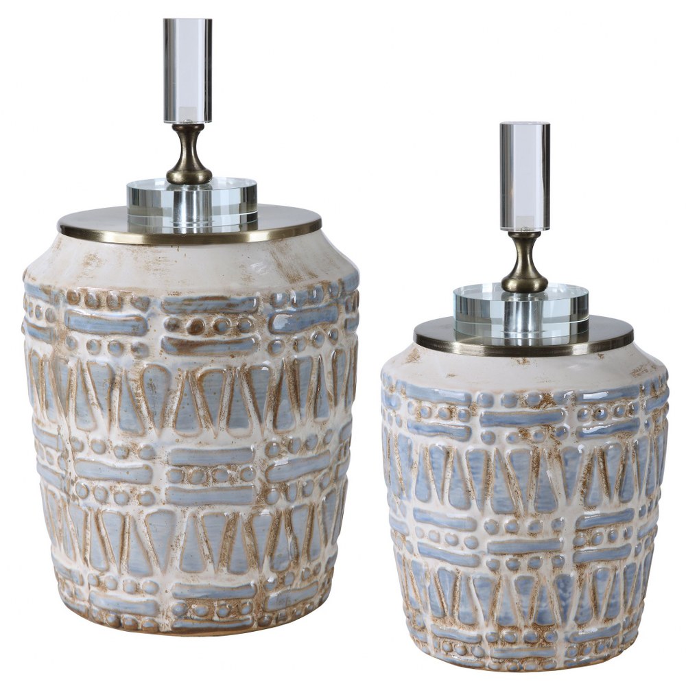 Uttermost-17740-Lenape - 12 inch Bottle (Set of 2)   Cream/Light Blue/Taupe/Light Distress/Antique Brushed Brass/Crystal Finish