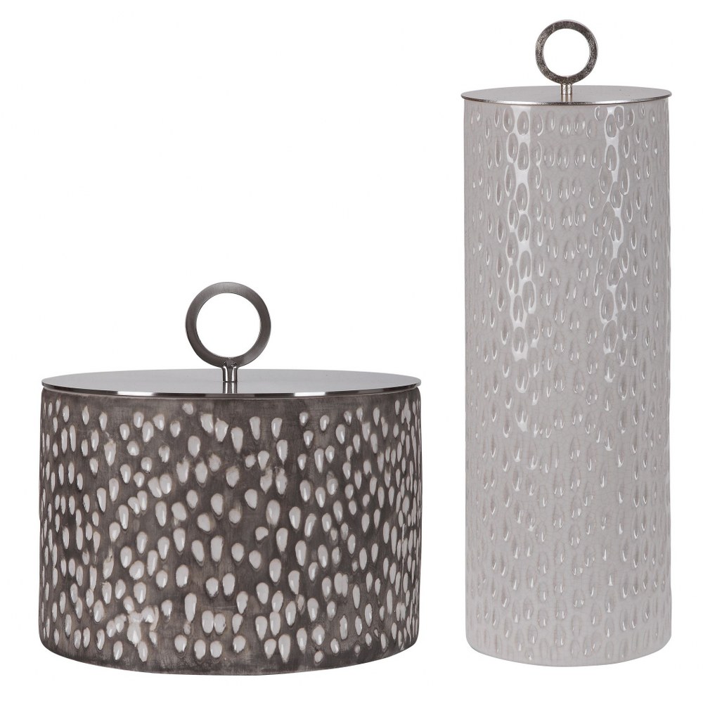 Uttermost-17766-Cyprien - 19.25 inch Container (Set of 2) - 6 inches wide by 6 inches deep   Off-White/Smoke Gray Crackle Glaze/Aged Gold/Brushed Nickel Finish