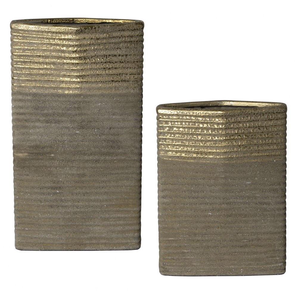 Uttermost-17967-Riaan - 15.25 Inch Vase (Set of 2)   Sand Textured Earth Tone/Gold Leaf Finish