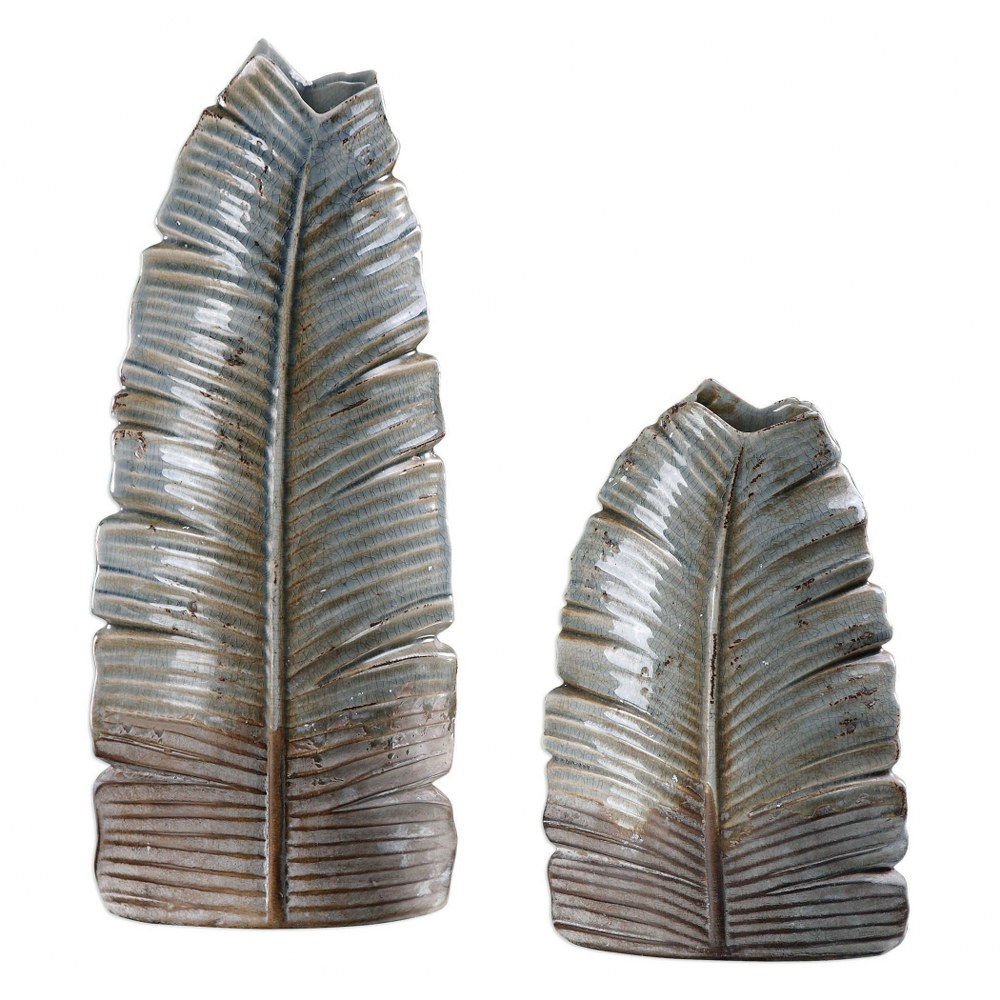 Uttermost-18741-Invano - 19.25 inch Leaf Vase (Set of 2)   Pale Blue/Ivory/Bronze Glaze Finish