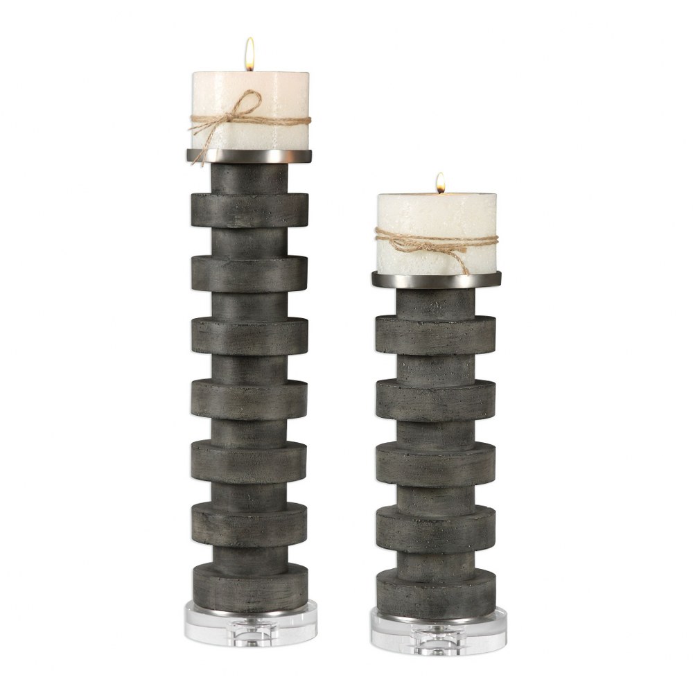 Uttermost-18818-Karun - 16.5 inch Candleholder (Set of 2)   Charcoal Stain/Crystal/Brushed Nickel Finish