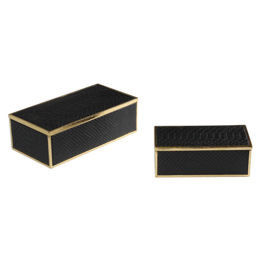 Uttermost-18838-Ukti - 11.75 inch Alligator Patterned Box (Set of 2) - 11.75 inches wide by 5.88 inches deep   Black/Bright Gold Leaf Finish