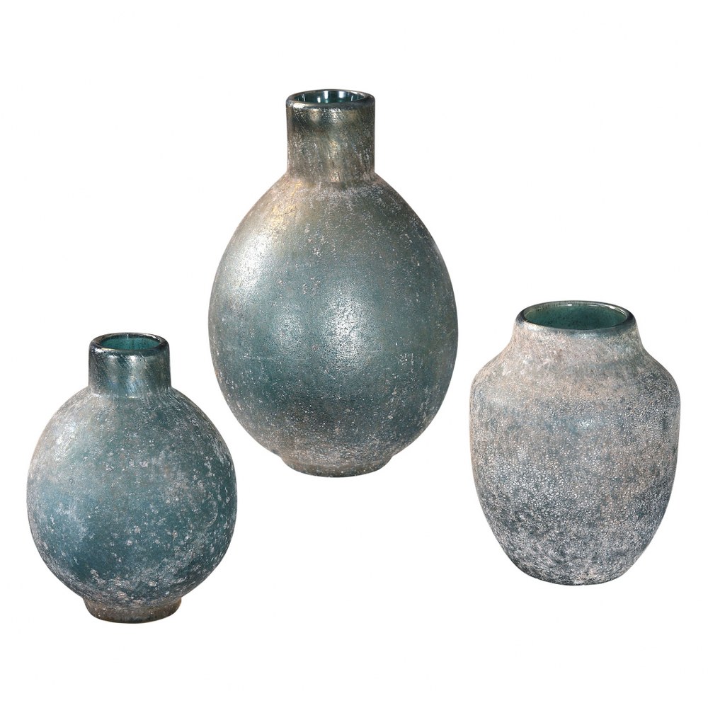 Uttermost-18844-Mercede - 7.75 inch Vase (Set of 3)   Blue-Green/Textured/Rust Ivory Glaze Finish