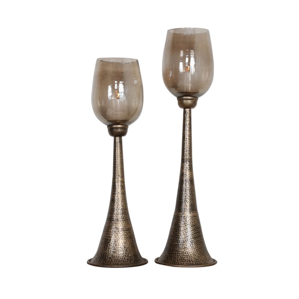 Uttermost-18848-Badal - 32.5 inch Candleholder (Set of 2) - 8.5 inches wide by 8.5 inches deep   Antiqued Gold/Hammered Iron Finish with Copper Brown Luster Glass