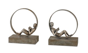 Uttermost-19596-Lounging Reader - 9.75 inch Bookend (Set of 2)   Antiqued Silver Leaf/Light Gray Glaze Finish