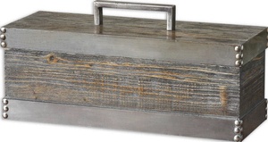 Uttermost-19669-Lican - 18 inch Decorative Box   Natural Wood/Light Chestnut Stain/Antiqued Silver Finish