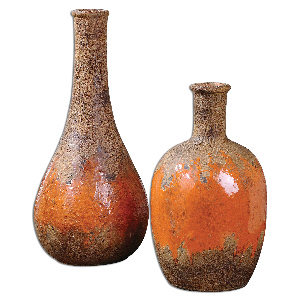 Uttermost-19825-Kadam - 12 inch Vase (Set of 2) - 5.5 inches wide by 5.5 inches deep   Rust Brown/Bright Orange Finish