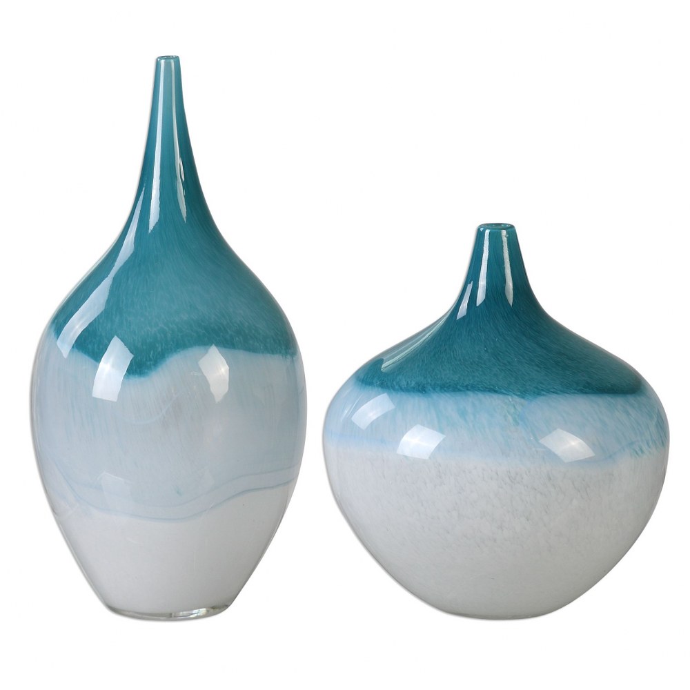 Uttermost-20084-Carlas - 15 inch Vase (Set of 2)   White Finish with Teal Green Glass