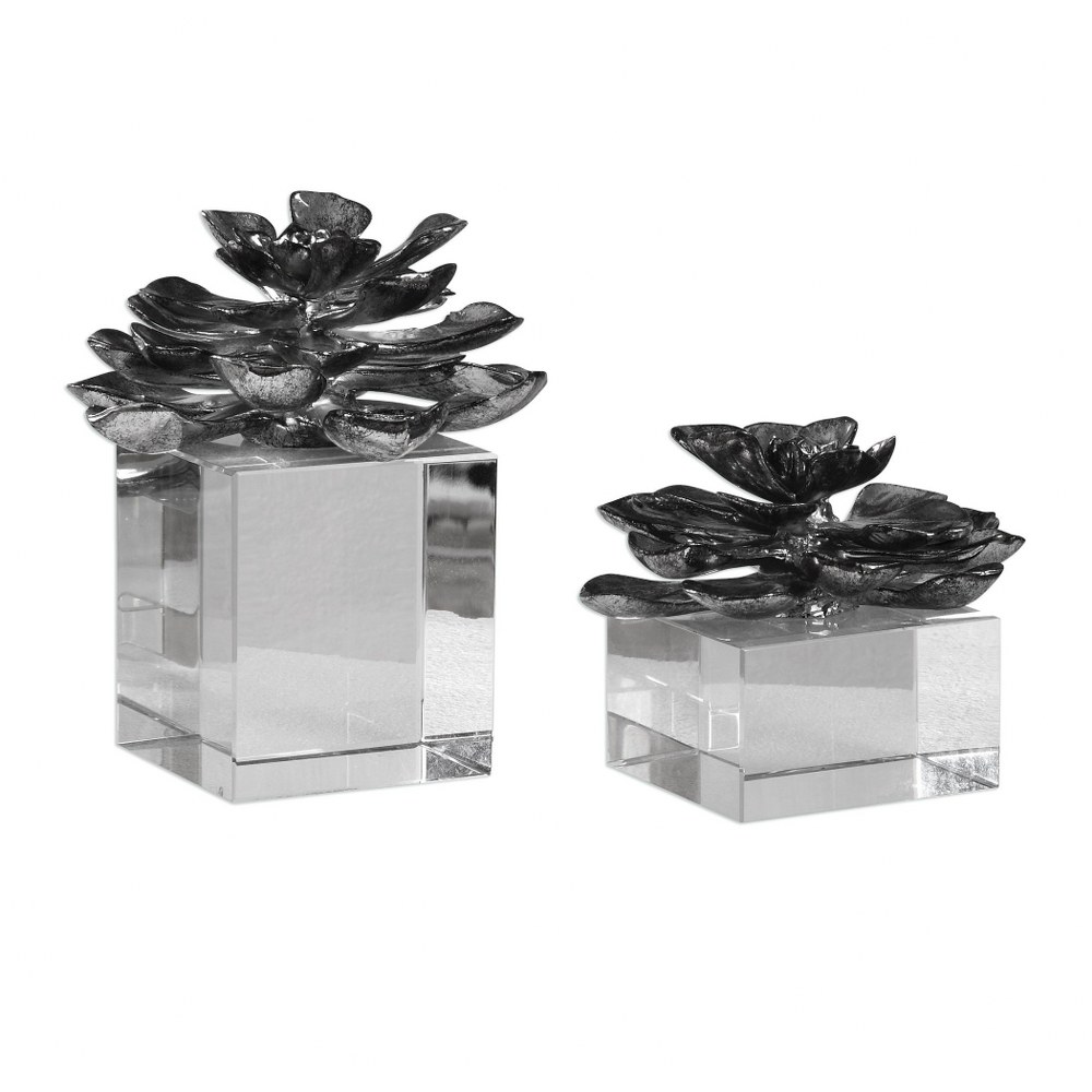 Uttermost-20158-Indian Lotus - 7 inch Flower (Set of 2)   Metallic Silver Finish with Clear Crystal