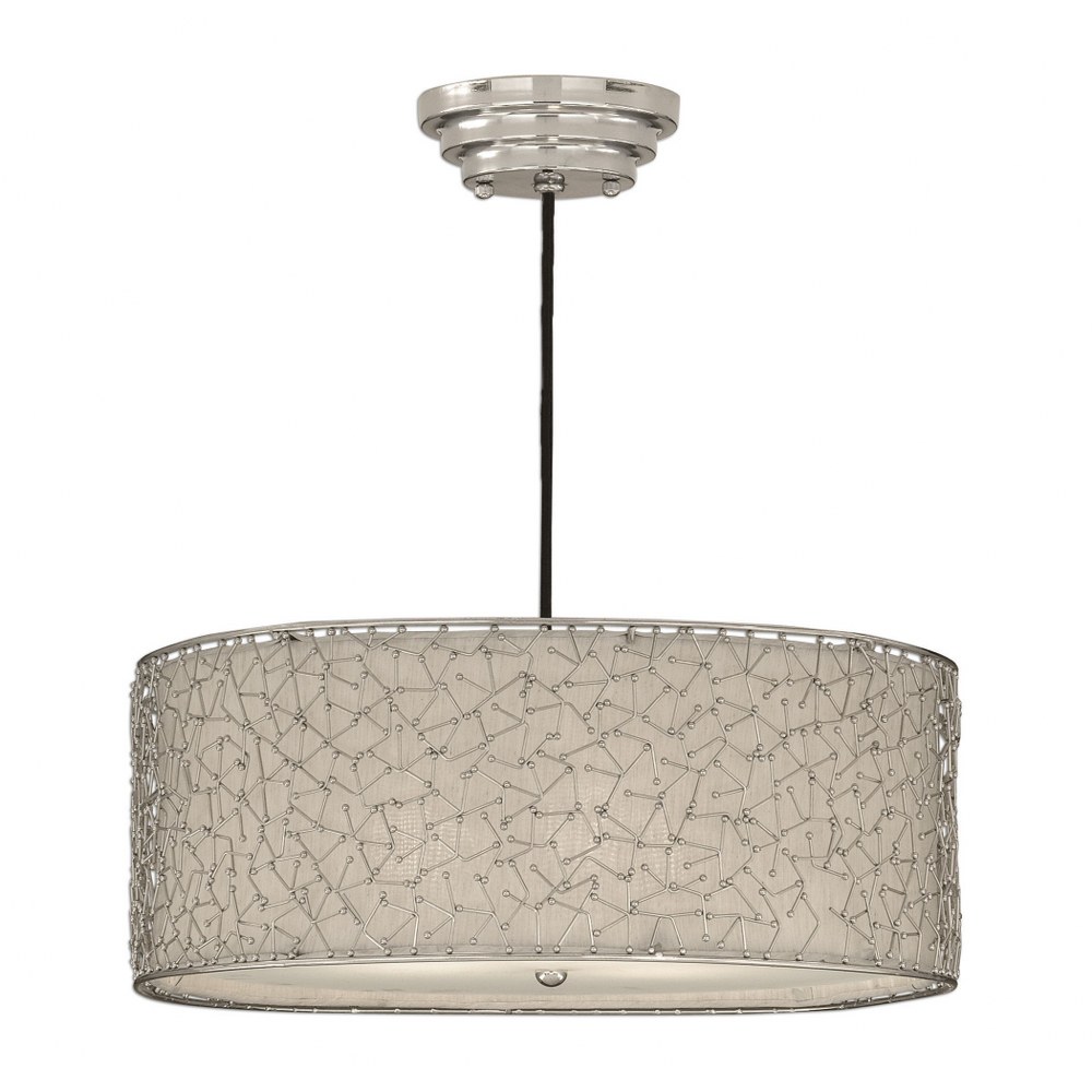 Uttermost-21154-Brandon Drum Pendant 3 Light Silver Champagne Fabric - 22 inches wide by inches deep   Brandon Drum Pendant 3 Light Silver Champagne Fabric - 22 inches wide by inches deep