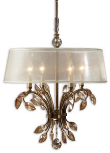 Uttermost-21245-Alenya Chandelier 4 Light Metal/Crystal/Fabric Silken Champagne Sheer Fabric   Burnished Gold Finish with Silken Champagne Sheer Fabric Shade with Golden Teak Crystal